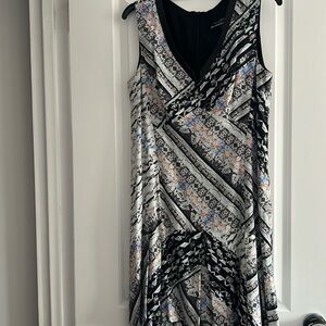 Nanette Lepore Women Black Casual Dress Size 12 Leather Trim V Neck Pleated